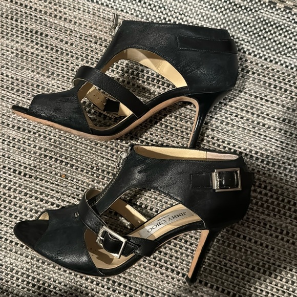 Jimmy Choo 🎉HP🎉🎈distressed leather heels with center zipper, strap w/ buckle - Picture 2 of 12